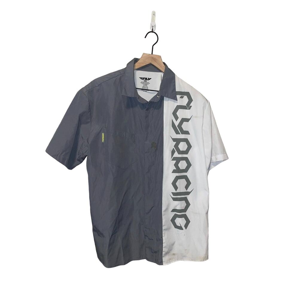 Retro Fly Racing Button Down Gray White Short Sleeve Shirt Stained Stain L Large